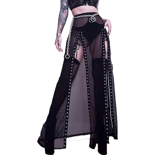CLANE／SHEER SLIT SKIRT Goth Double Slit Maxi Skirt for Women Punk Black See Through